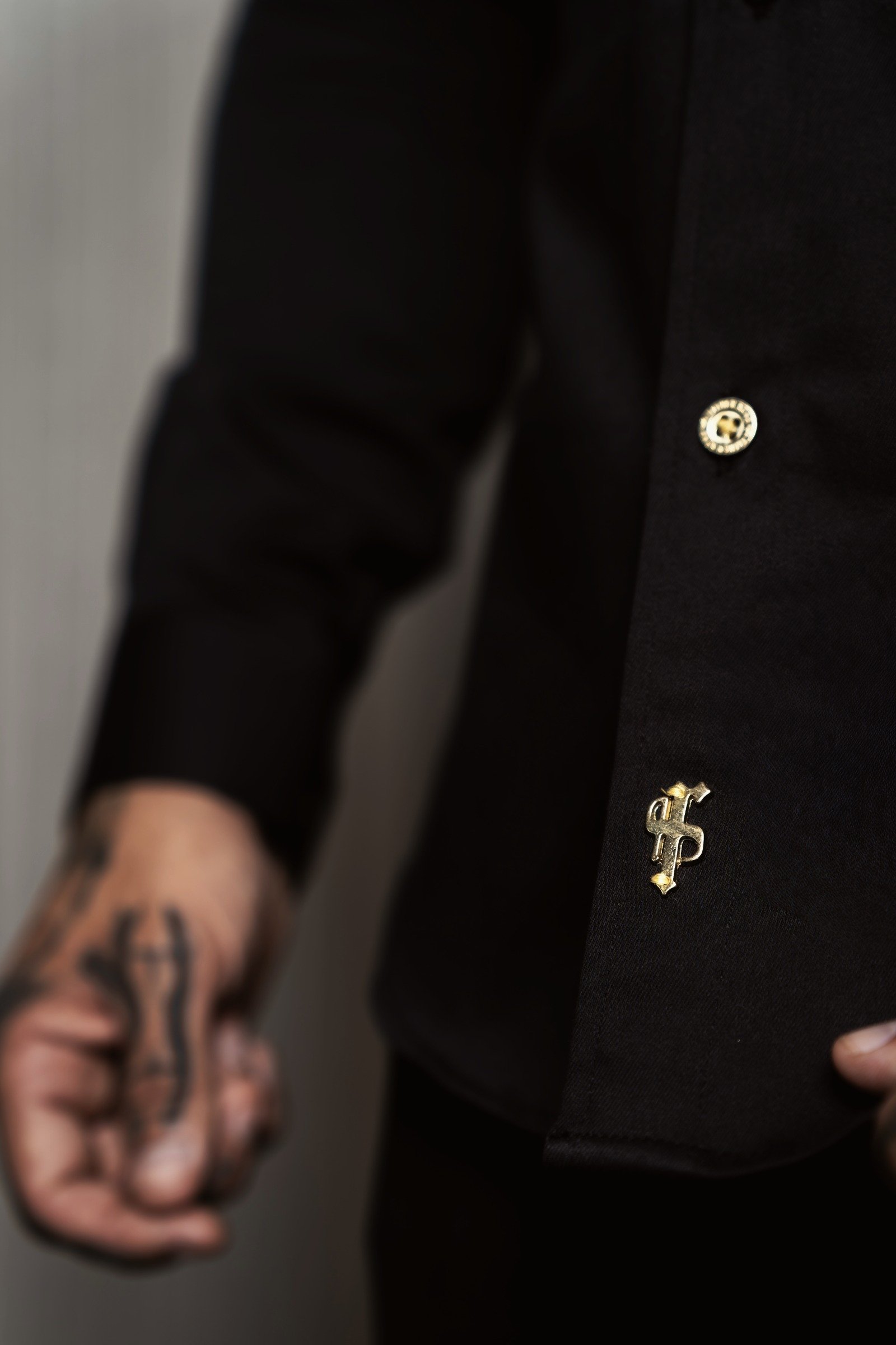 Super Slim Stretch Solid Black Denim Shacket with Gold Buttons