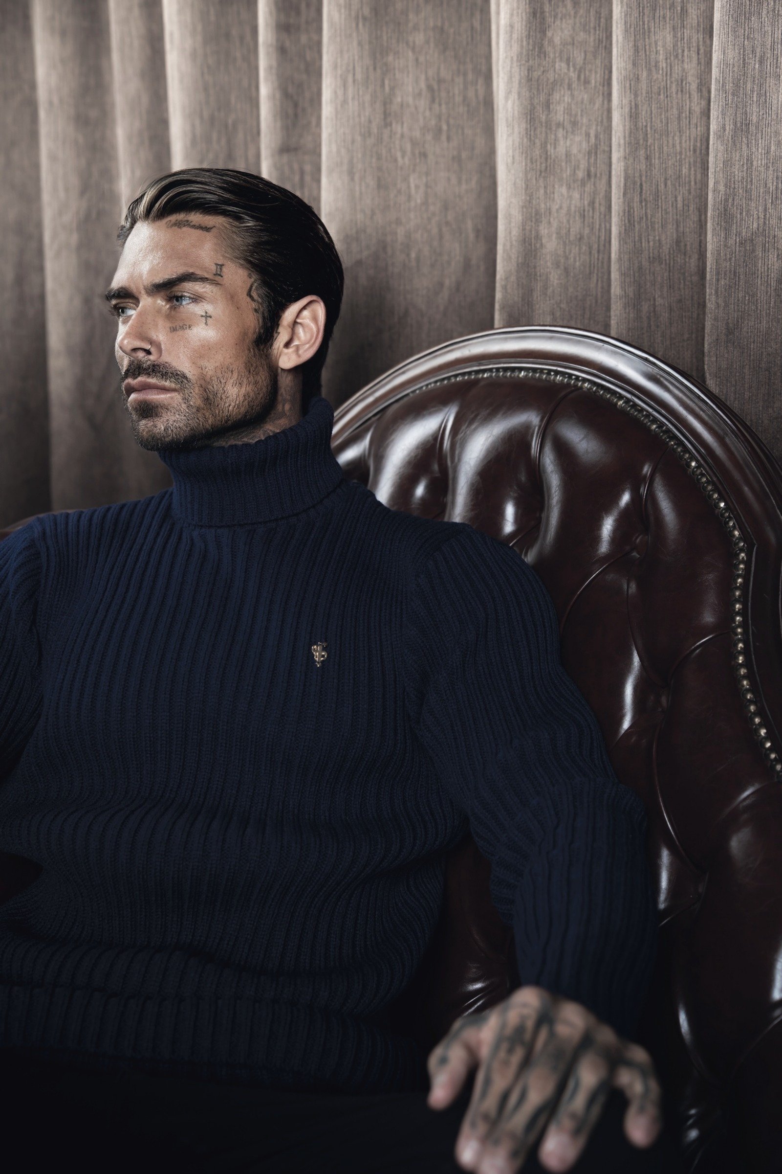 Ribbed Knit Roll Neck Jumper, Navy